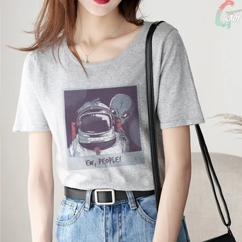 

Summer New Harajuku Alien T Shirt O-neck Punk Aesthetics Gray Tshirt Extraterrestrial Print Casual Sleeve Streetwear Women Tops