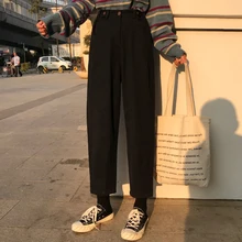Женский корейский стиль Ulzzang Harajuku BF Свободные с высокой талией черные джинсы длиной до щиколотки женские студенческие повседневные шаровары
