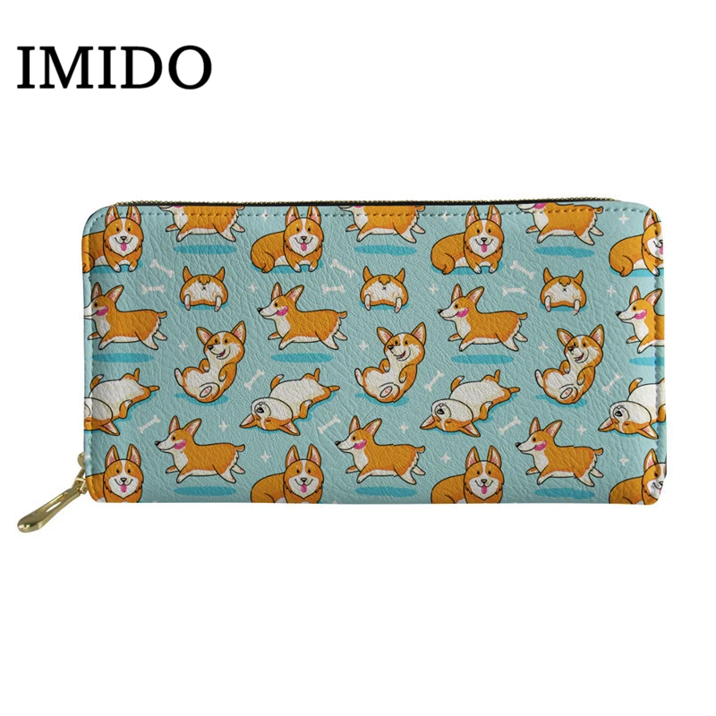 

IMIDO Corgis Printed 2019 Long Women's Purses and Wallets PU Leather Female Card Holder Phone Pouch Handbag Custom