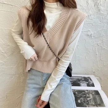 

2020 Korean Womens Elegant Student V-neck Pullover Loose Casual Knitting Tops Outerwear Vest Autumn Women Sweater