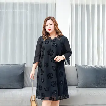 

5xl Rose Floral Chiffon Dress Plus Size Women Summer Dress 2020 A-line Loose Evening Party Dress Large Size Casual black dresses
