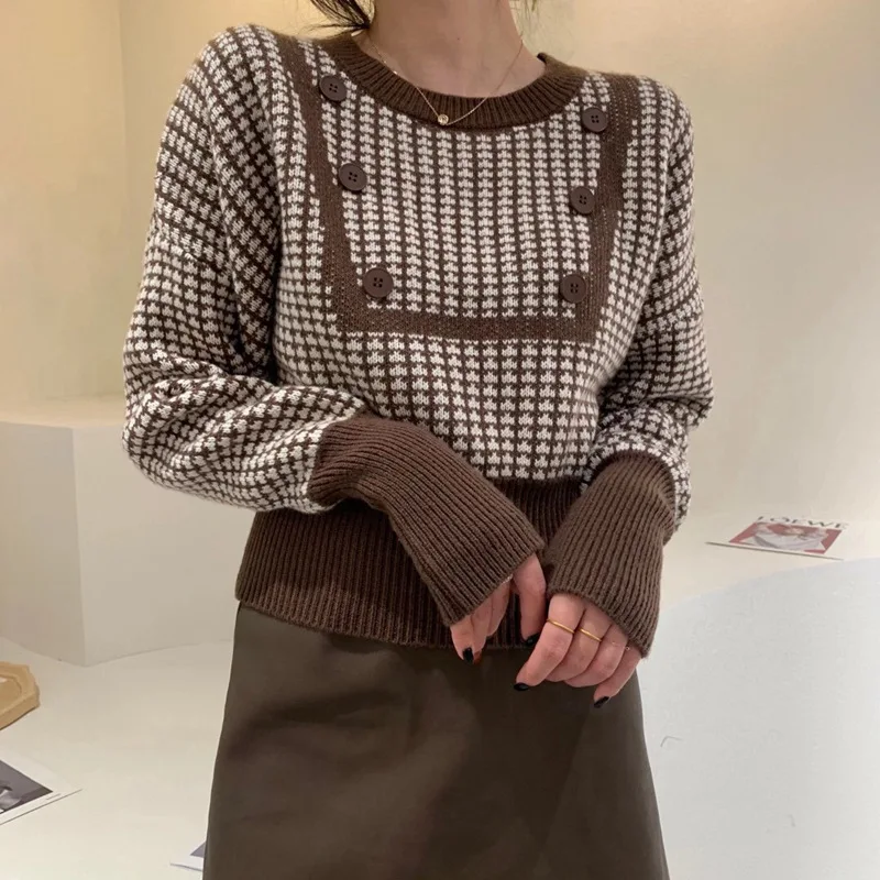 

Autumn 2020 Lazy and Loose round Neck Pullover Houndstooth Knitted Sweater Outerwear Sweater Woman Sweaters Women Fall Fashion