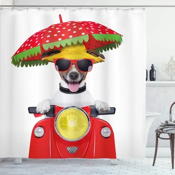 

Animal Shower Curtain, Dog with a Hat and Sunglasses Driving Motorcycle Under an Umbrella Funny Holiday Image, Cloth Fabric