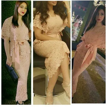 

Saudi Arabia Dubai Middle East 2018 Formal V-Neck Short Sleeve Sashes Lace Evening Mermaid gown mother of the bride dresses