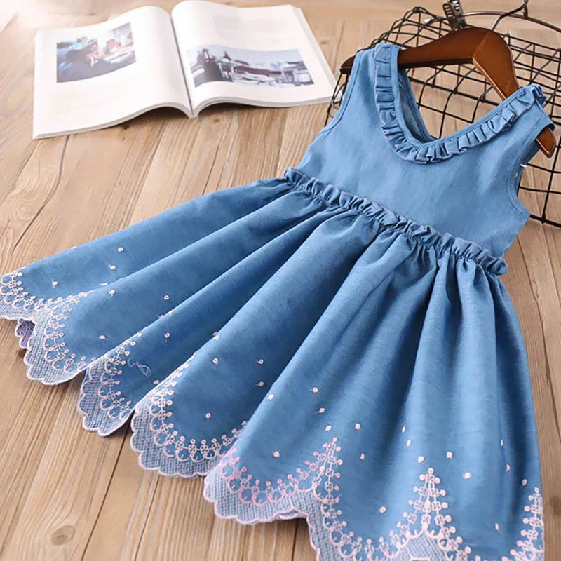 

2019 New Arrival Summer Girl Dress V-neck Sleeveless Denim Vest Embroidered Dress for Children with Sequined Cute Fashion Dress