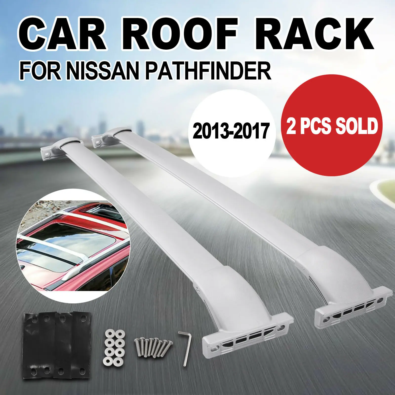 

Silver Top Roof Rack Cross Bars Set Fit 2013-2019 Nissan Pathfinder 4DR Bolt-On