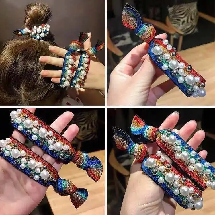 

South Korea Dongdaemun Celebrity Style Handmade Beading Color Bright Knot Hair Band Ultra-stretch Hairband Women's Tennis Red Me