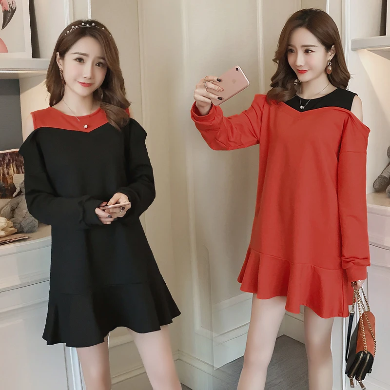 

2020 Spring Colorblock Fake Two Loose Strapless Long Sleeve Mini Dress Ruffles Natural Elegant Women Dress Party Vestidos