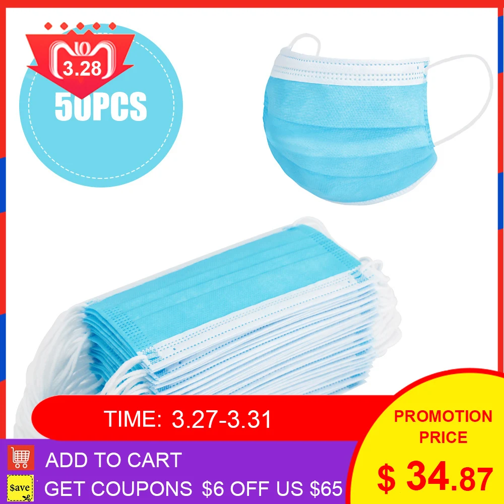 

50PCS 3-layer Face Masks with Elastic Ear Loop Dustproof Anti-bacteria Disposable Protection