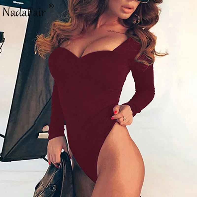 Nadafair/боди с длинным рукавом черного и белого цвета для женщин, обтягивающее боди размера плюс, сексуальное боди, женские топы