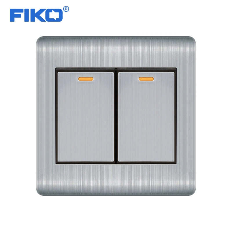 

FIKO EU/UK standard 2Gang 1Way wall light switch , 16A 250V stainless steel panel wall power light switch 86mm*86mm