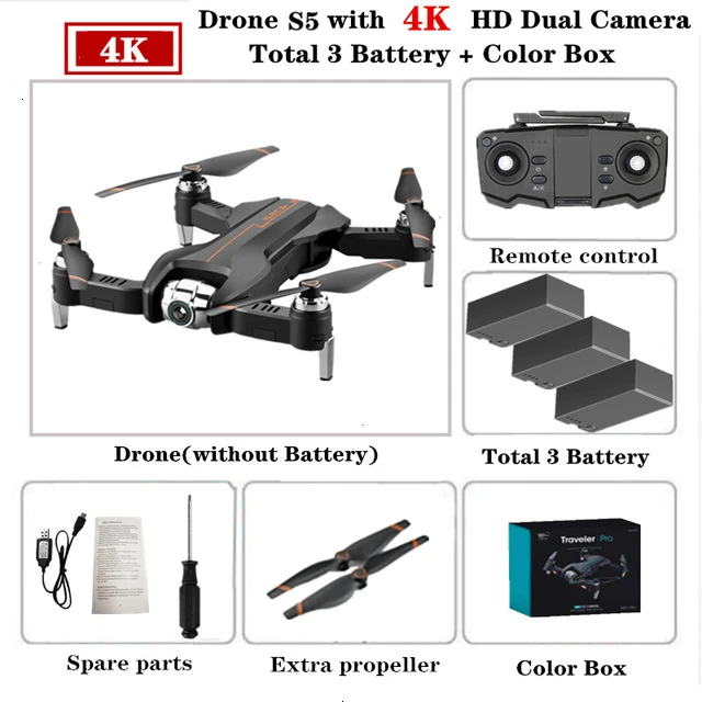 S5 RC Дрон 4K Дроны с 1080P HD двойной камерой складной Квадрокоптер с оптическим потоком регулируемый угол камеры RC вертолет игрушка - Цвет: 4K-Color Box-3B