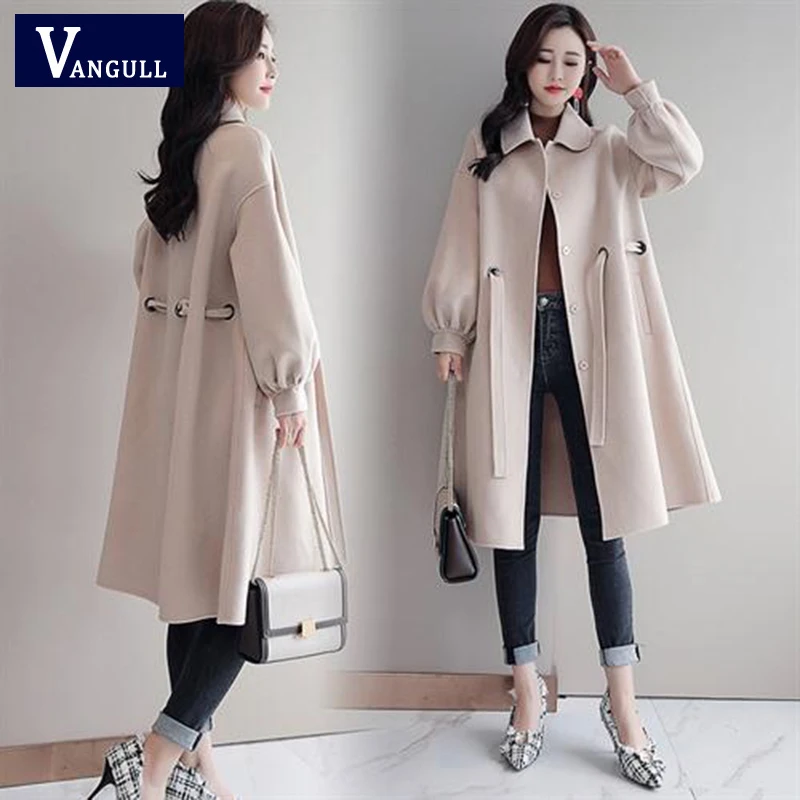 Vangull женские шерстяные пальто зимние двубортные однотонные длинные женские куртки осенние новые элегантные свободные шерстяные двубортное пальто верхняя одежда