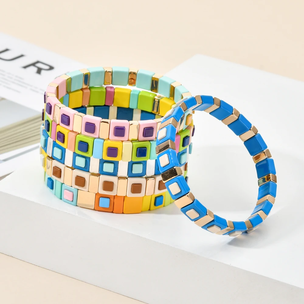 Bohemian Rainbow Bracelets Enamel Tila Beads Bracelet Stretch Strand