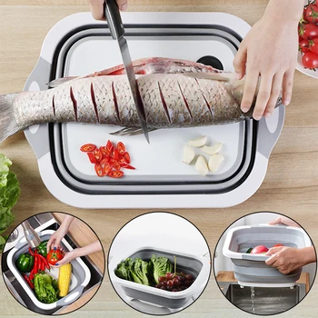 

3 In 1 Kitchen Organizer Kitchen Chopping Block Folding Chopping Board with Flanders Fruit Vegetables Washing Drain Basket