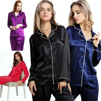 

Stylish Autumn Women's Solid Pajamas Sets Button Long Sleeve Loose T-shirt Top and Silk-like Satin High-waist Long Pants S-XL