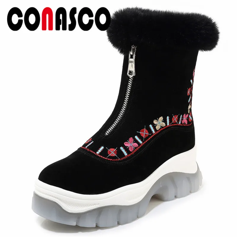 

CONASCO Ethnic Woman Autumn Winter Warm Platforms Shoes Increasing 6cm Embroider Pius Velvet Warm Boots Ankle Boots Shoes Woman