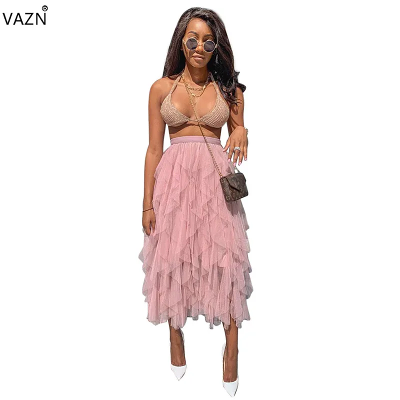 VAZN/лето, снижение возраста, французский стиль, сексуальный стиль, сплошное кружево, Джокер, Женская Империя, элегантное Пышное Бальное Платье, макси юбки ZSC0214 - Цвет: Розовый