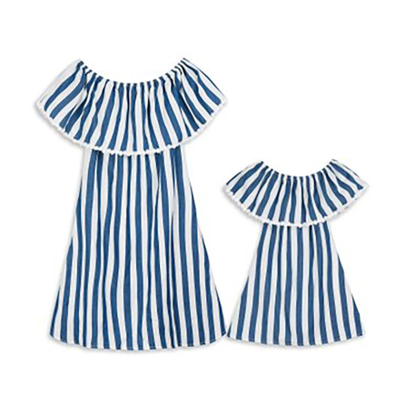 

Mom and Daughter Dress O-Neck Striped Family Matching Outfits Blue Girl's Dress Mini Dress Mom and Daughter Matching Clothes