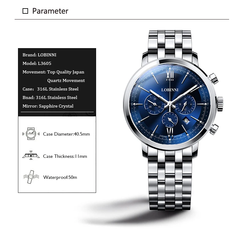 US $108.00 LOBINNI Mens Watch Business 50M Waterproof Steel Strap Multifunction Chronograph Dial Quartz Wrist Watch Men Sapphire L3605