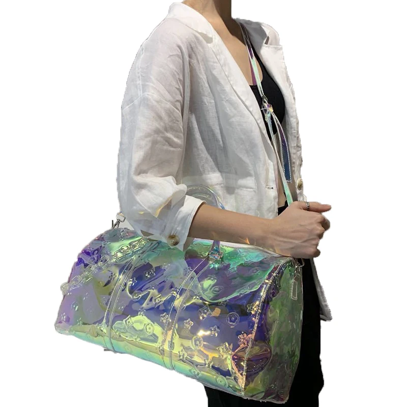 Радужная Лазерная спортивная сумка для девочек, блестящая Женская дорожная сумка, ПВХ голографическая сумка для багажа, прозрачная, женская сумка с голограммой, чемоданы