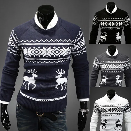 

2019 Autumn And Winter New Style Men's Crew Neck Deer Pullover Slim Fit Long Sleeve Stitched Pattern Base Christmas Sweater