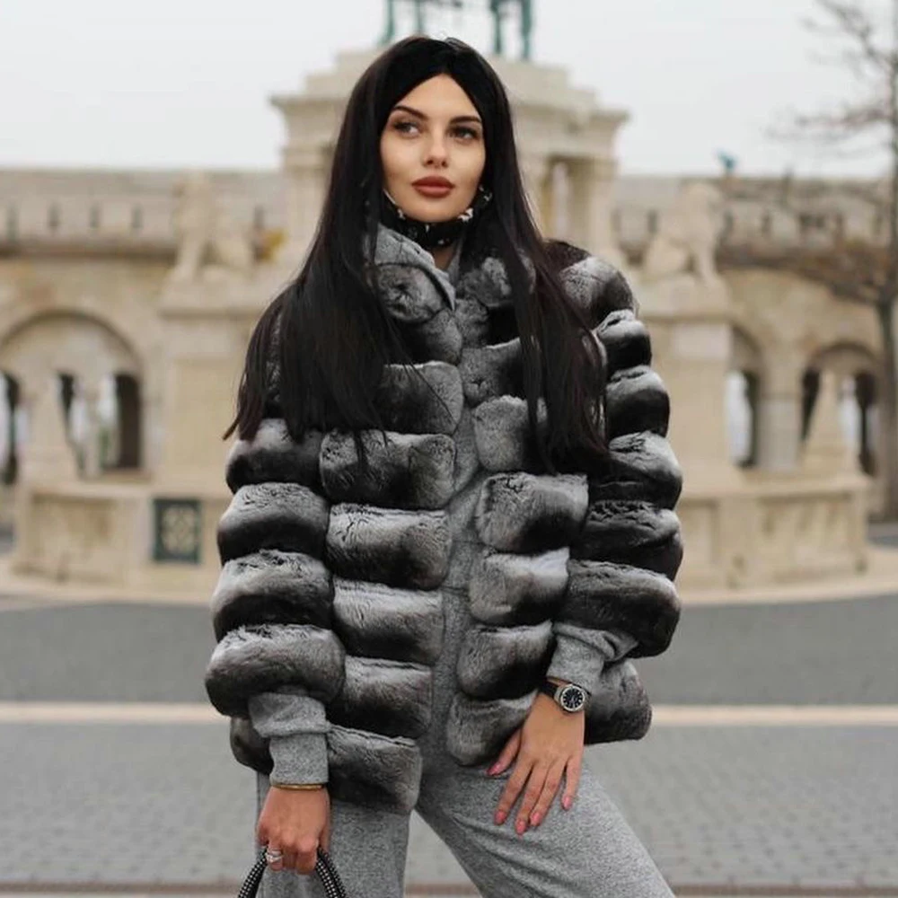 2022 Winter New Genuine Rex Rabbit Fur Coat Stand Collar Fashion Women Genuine Rex Rabbit Fur Jacket Chinchilla Color Overcoats 2022 new real rex rabbit fur vest women winter fashion high quality chinchilla color stand collar rex rabbit fur vest genuine