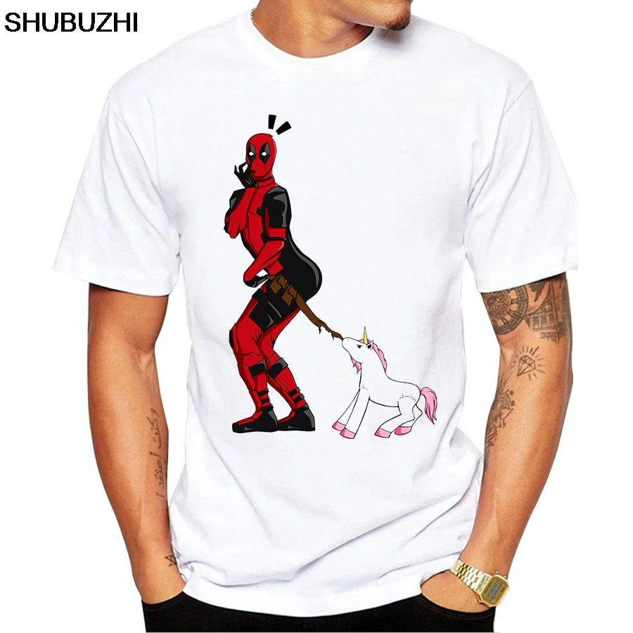 

shubuzhi Hot Sales Deadpool and Unicorn Printed Men T Shirt Short Sleeves Funny Cartoon Design Male Tops Hispter Tee Shirts