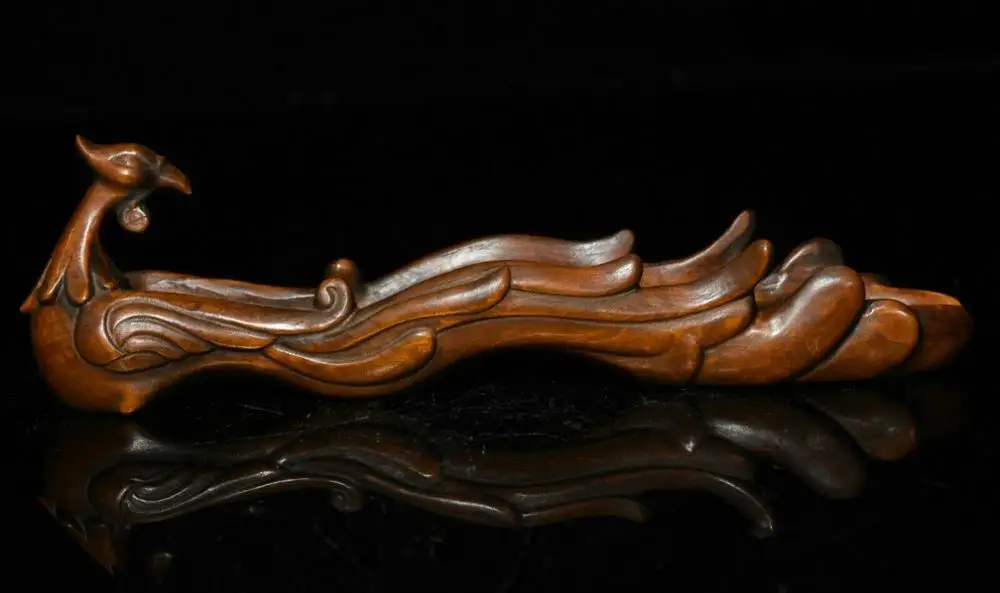 Wedding Decoration Chinese Boxwood wood Carved FengShui Phoenix bird Statue regorge incense insert