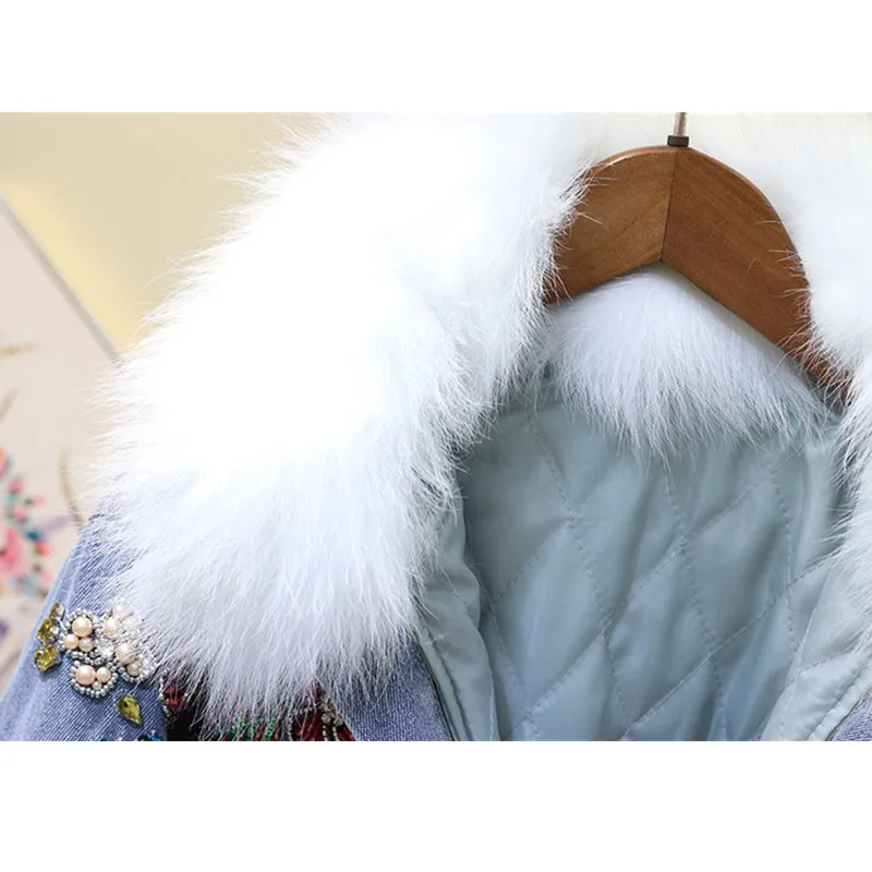 Winter Beading Diamonds Denim Jacket Women Thick Warm Fox Fur Collar Quilted Jeans Jacket Casual Loose Basic Coat Female Outwear
