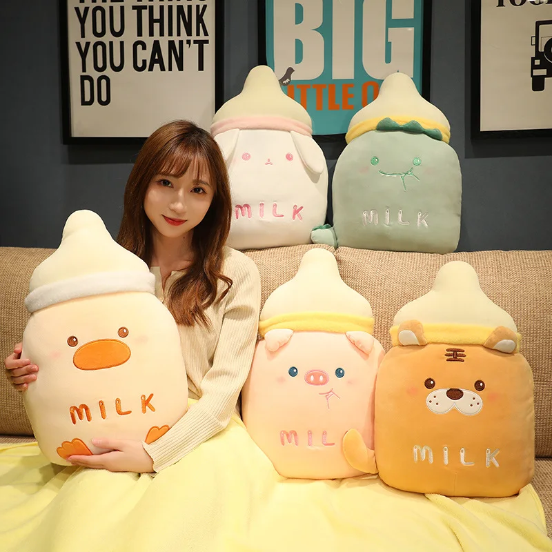 

33*50cm Cartoon Bottle Shaped Plush Toys Lovely Pig Dinosaur Duck Rabbit Plushie Pillow Stuffed Soft Back Cushion with Blanket