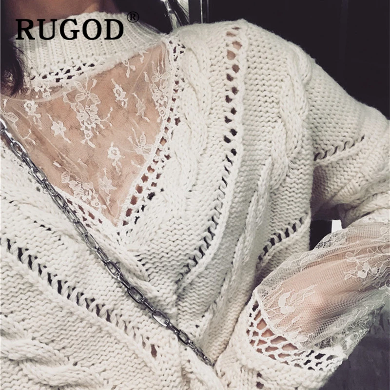 RUGOD элегантные, кружевные, лоскутные свитер для женщин в Корейском стиле на осень, белый выдолбить витой вязаный женский пуловер свитеры для женщин женские