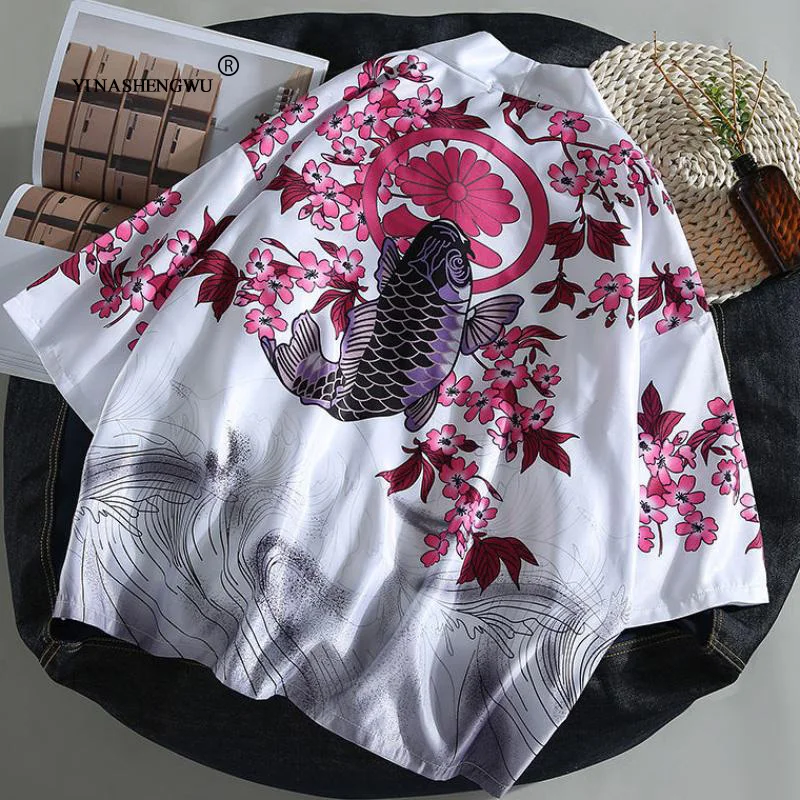 Японское кимоно для мужчин юката женский топ кран печати кимоно кардиган для мужчин Защита от солнца рубашка Пляжная Тонкая Повседневная Блузка кимоно косплей