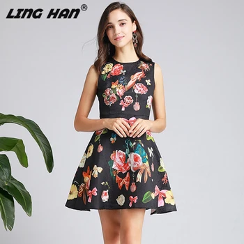 

LINGHAN Designer Dresses Women Autumn High Street Fashion Vintage Floral Print Diamond Black Dress Vestidos Robe Femme