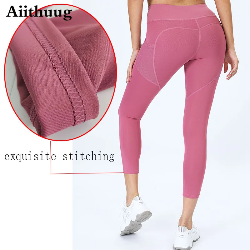 Aiithuug Women Running Tights High Waist Mesh Yoga Leggings