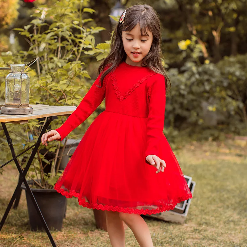

New Years Red Dress Baby Big Girls Long Sleeve Mesh Patchwork Dresses For Kids Princess Spring Dress Children Party Clothing