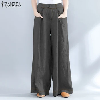 

2020 ZANZEA Plus Size Women's Solid Trousers Wide Leg Pants Kaftan Woman Elastic Waist Baggy Pantalon Palazzo Female Casual Pant