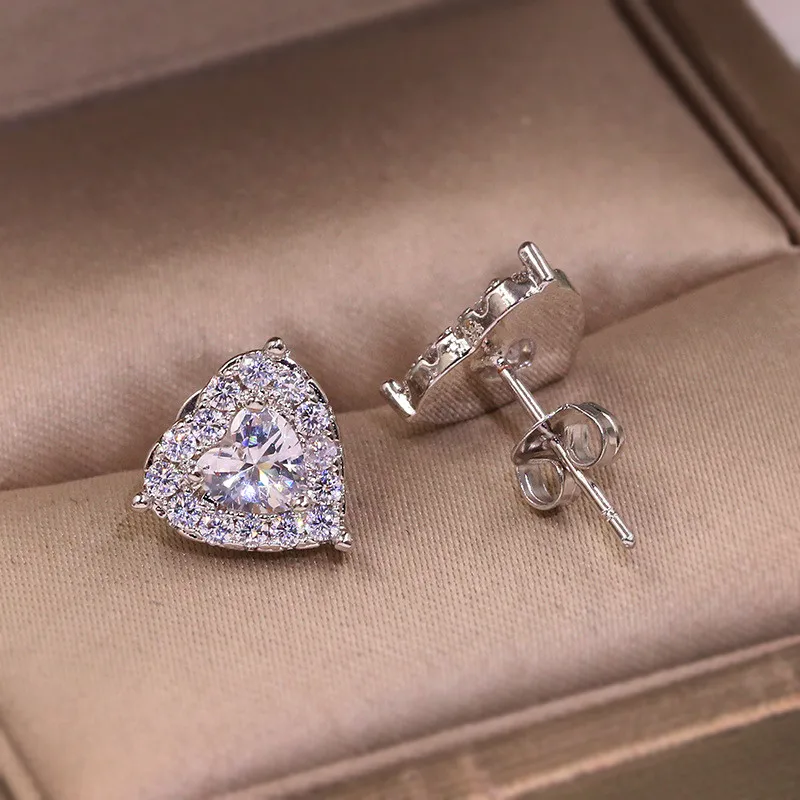 Vecalon, серьги в форме сердца, AAAAA, Cz камень, настоящее 925 пробы, серебряные, массивные, вечерние, свадебные серьги-гвоздики для женщин, свадебные ювелирные изделия