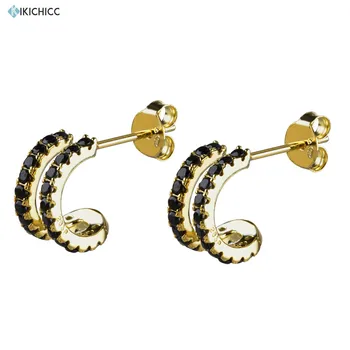 

Kikichicc 925 Sterling Silver 8mm Double Line Circle Open Hoops Round Women Crystal CZ Black Women Piercing Fahionable Jewelry