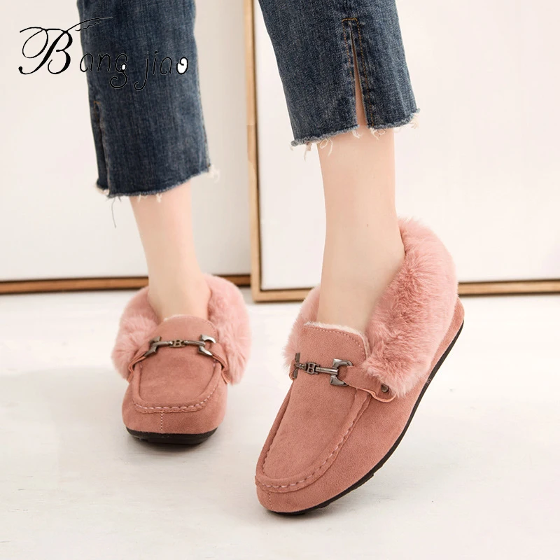 

BANGJIAO Winter Women Loafers Shoes 2019 Fashion Faux Suede Leather Slip on Moccasin Keep Warm Soft Solid Boat Shoe Fur Flats