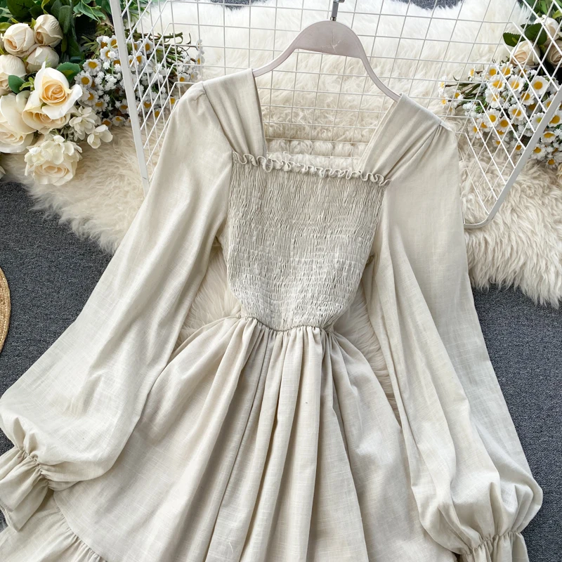 Весеннее женское платье, короткие модные платья, темпераментные одноцветные платья с длинным рукавом и квадратным вырезом, а-силуэт, элегантные женские платья