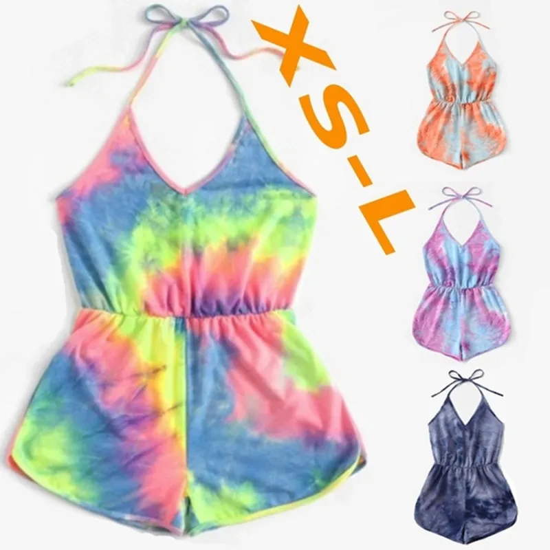 Corbata tinte dibujo mono de verano Casual gradiente de colores cuello Halter con espalda descubierta pantalones cortos de Playa de las mujeres ropa deportiva Streetwear 2020