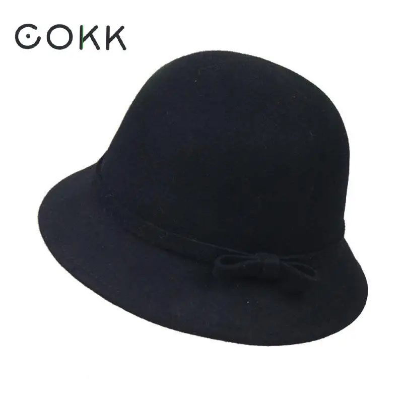 COKK Зимняя шерстяная фетровая шляпа для женщин, винтажные Панамы для женщин, женская винтажная шляпа с коротким козырьком и бантом из ленты, верхняя шляпа черного цвета
