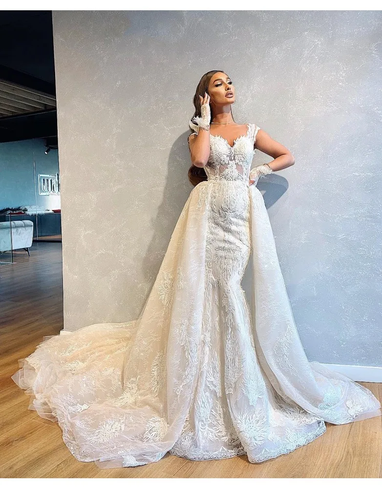 Длинный поезд свадебное платье Съемная Русалка Кружева Аппликация Vestido De Noiva на заказ свадебное платье