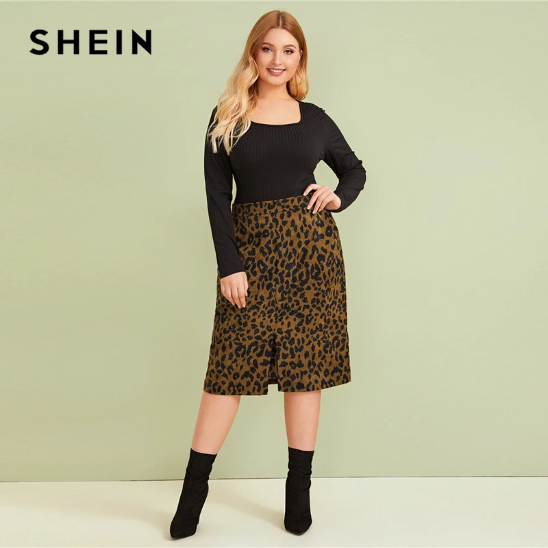 SHEIN/Повседневная Женская юбка карандаш с леопардовым принтом и разрезом спереди; сезон осень года; Гламурные Прямые Юбки-миди с искусственным мехом; большие размеры