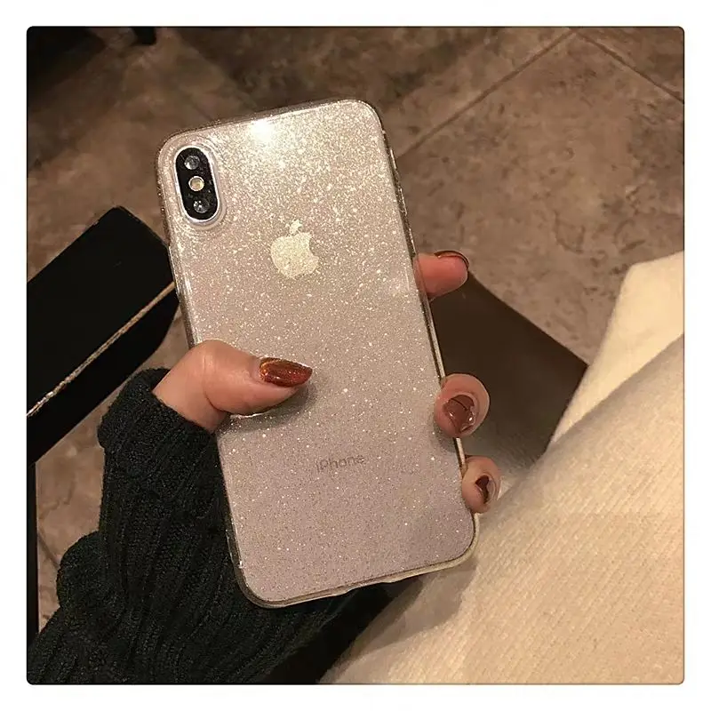 

Transparent Soft TPU Shockproof Bling Black Phone Case For iPhone 11 Pro XR XS Max 8 7 Plus 6S Shining Glitter Powder Back Cove
