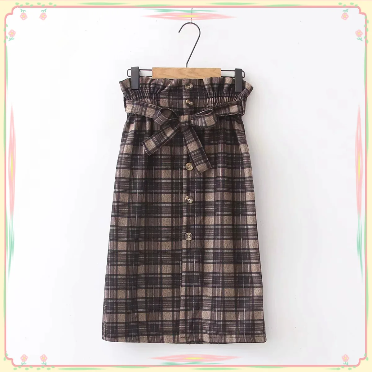 

2019 Spring And Autumn New Style Versatile Elegant Literature And Art Sweet Lace-up Bow Plaid Printed Single Breasted Skirt