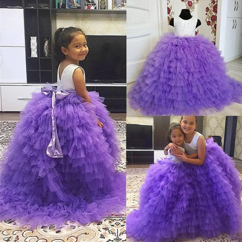 

Luxury Crystals Pearls Flower Girls Dresses For Wedding Ruffles Tiered Tulle Girls Birthday First Communion Party Gowns