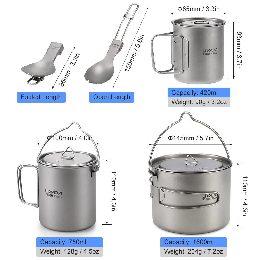  Lixada 1600ml Titanium Pot Ultralight Portable Hanging Pot with Lid and Foldable Handle Outdoor Cam