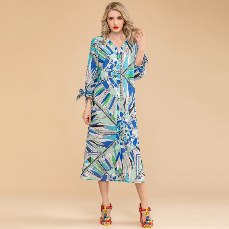LD LINDA DELLA Autumn Fashion Loose Plus Size Dress Designer Women V-Neck Single-breasted Print Holiday Vintage Midi Dress